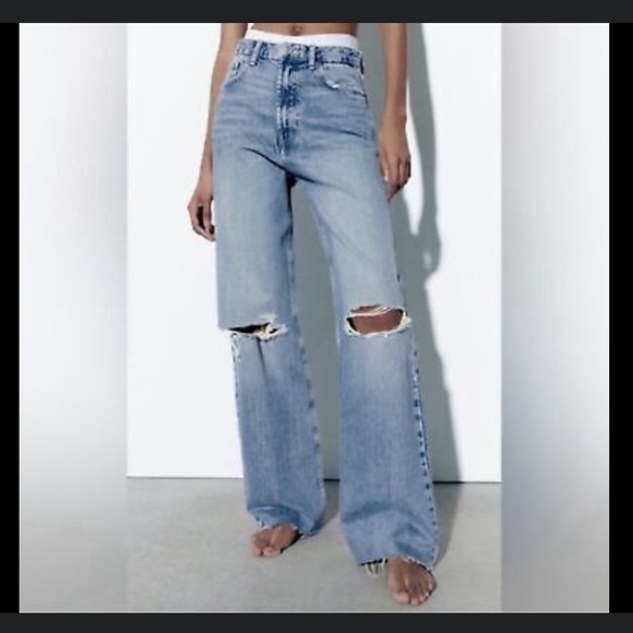 Zara Denim - Zara Wide Leg Knee Distressed High Waist Jeans